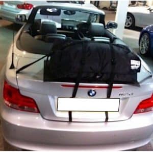 bmw 1 series convertible in silver in a bmw showroom with a boot-bag original luggage rack fitted