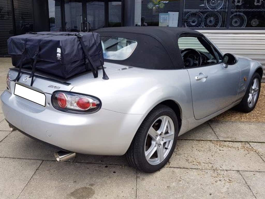 boot-bag vacation luggage rack fitted to a silver mazda mx5 mk3