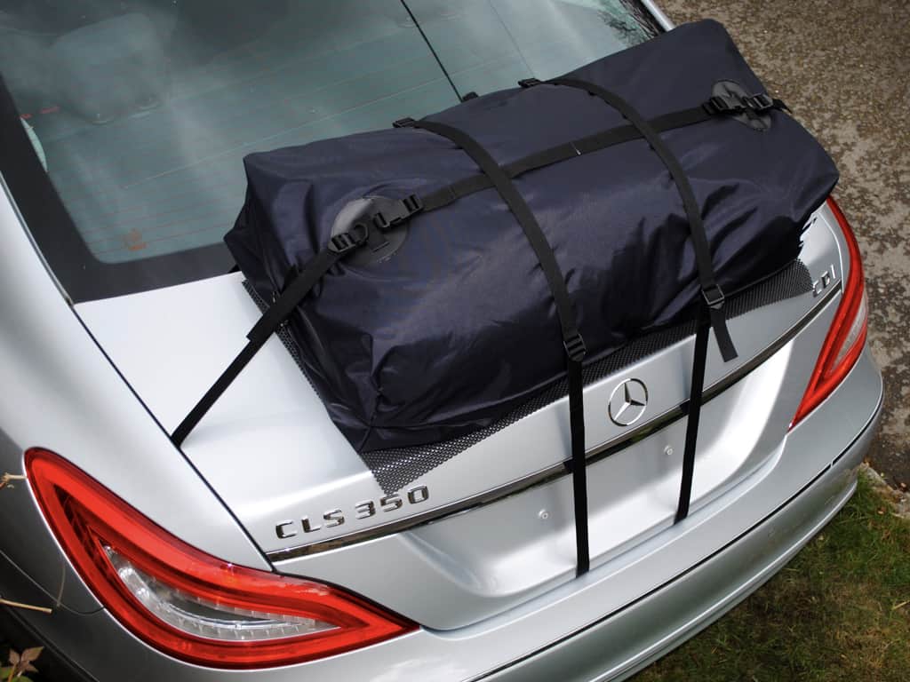 mercedes cls 350 sedan / saloon with a boot-bag roof box fitted photographed from above