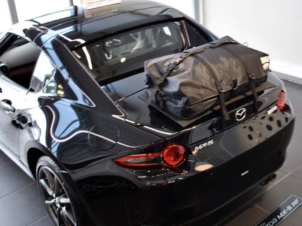 aerial view of a mazda mx5 rf with a boot-bag luggage rack fitted roof up