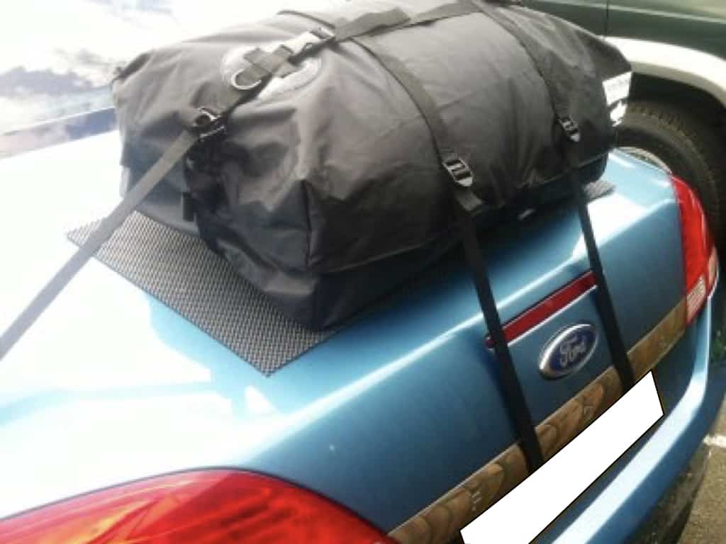 close up of a boot-bag original luggage rack fitted to a blue ford focus cc