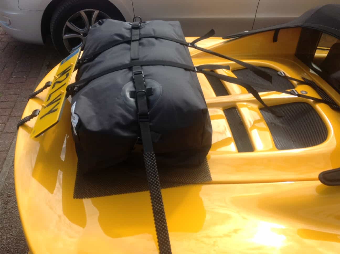 aerial view of a boot-bag original luggage rack fitted to a yellow s1 lotus elise