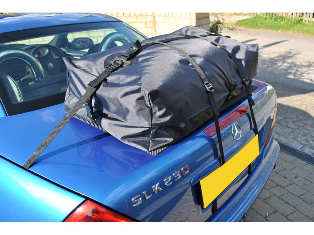 blue mercedes benz slk gen 1 with a boo-bag vacation luggage rack fitted 