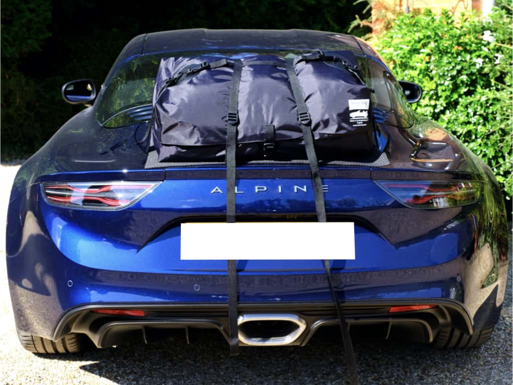 rear view of a alpine a110 with a boot-bag luggage rack fiitted
