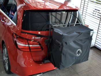Mercedes B Class Roof Box alternative hatchbag fitted to a red b class in a mercedes benz showroom