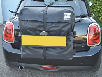 Mini Roof Box alternative hatchbag fitted to black mini cooper d 5 door photographed from the rear 