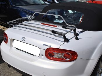 Mazda mx5 mk3 boot rack stainless steel taken from behind showing the boot rack fitted to the car